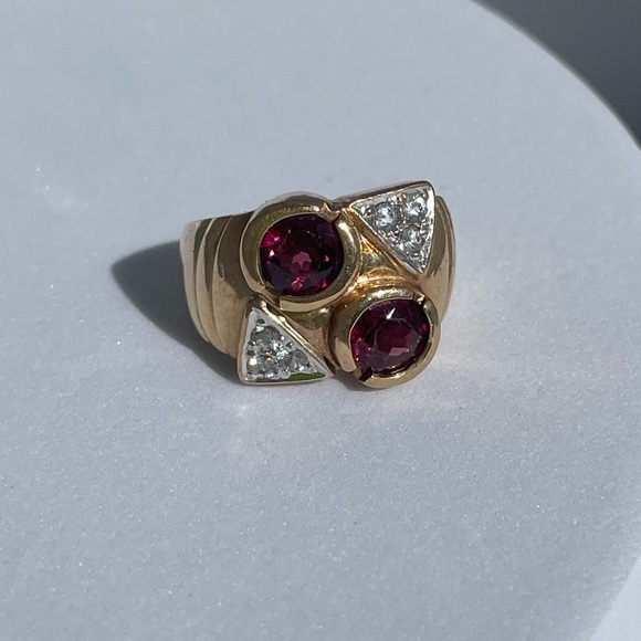 Estate Deco Garnet Tank Ring 14K - Picture 2 of 9